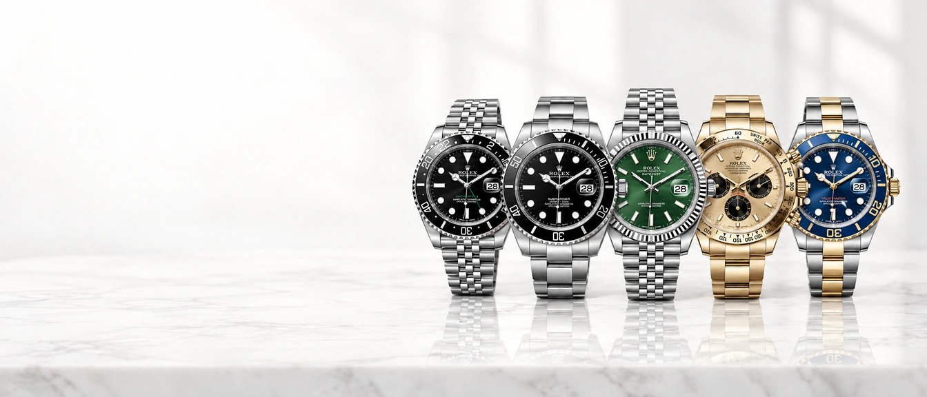 Five watches with black, green, gold and blue dials on a light background